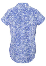 Stylish Patriot Blue print shirt for women, featuring soft-touch fabric and elegant pleat details, perfect for any occasion.