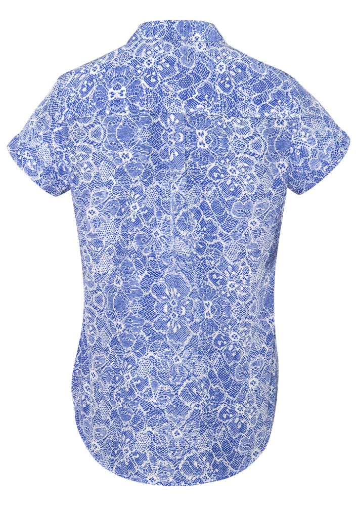Patriot Blue print short sleeve shirt for women, featuring soft-touch polyester, semi-fitted style, and elegant pleats.