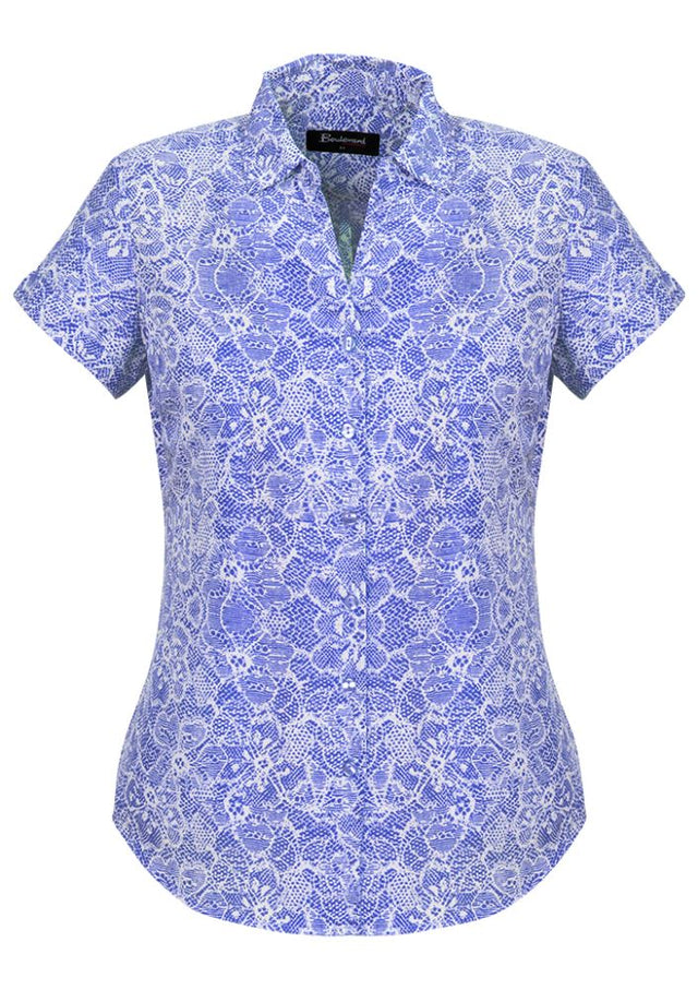 Solanda Ladies Print Short Sleeve Shirt in Patriot Blue, featuring soft polyester fabric and pleat details for comfort and style.