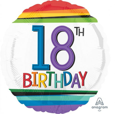 Vibrant 45cm self-sealing foil balloon featuring a rainbow design for celebrating an 18th birthday milestone.