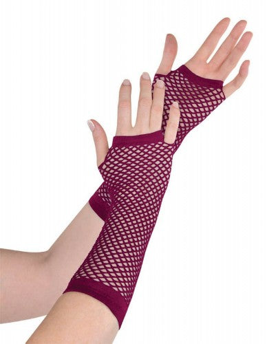 Long burgundy fishnet gloves designed to add allure and style, perfect for parties or unique outfit twists.