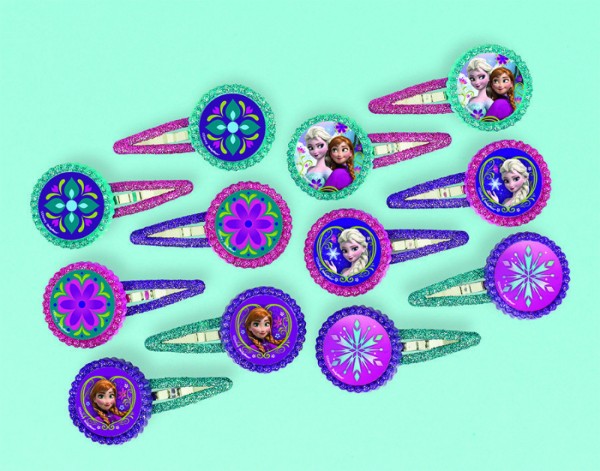 A pack of 12 vibrant Frozen hair clips, perfect for Disney-themed parties and special celebrations.