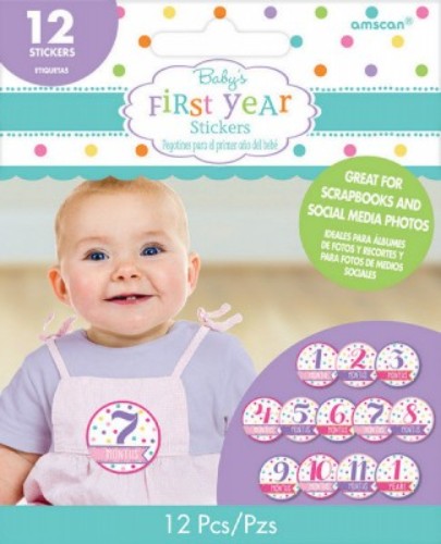 Vibrant pack of 12 month-by-month stickers for girls, perfect for documenting and celebrating baby's first year milestones.