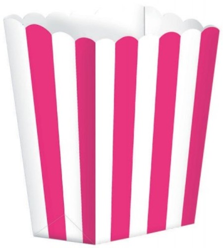 Small bright pink popcorn favor boxes, pack of 5, perfect for parties and events, measuring 5 1/4" x 3 3/4".