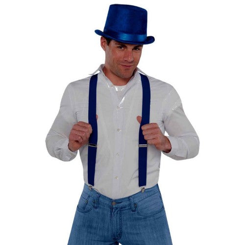 Navy suspenders with Y-back design, adjustable fit, and clips for adults and kids, perfect for elevating any outfit.