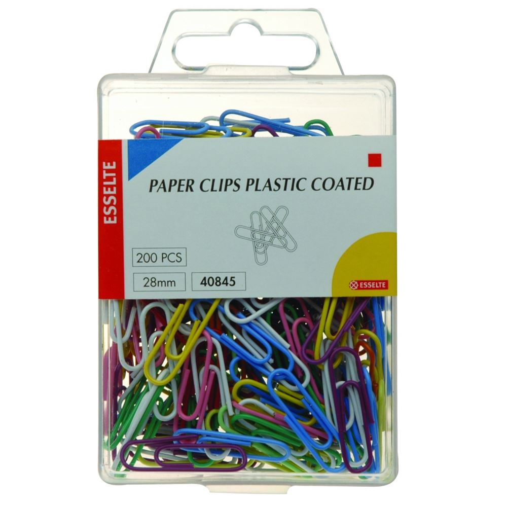 Colorful ESSELTE 28mm paper clips in a reusable case, perfect for organizing documents with style and durability. Box of 200.