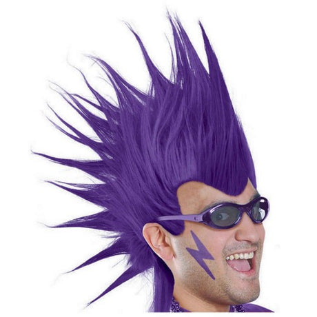 Vibrant purple Mohawk wig for adults, perfect for costume parties and bold fashion statements.