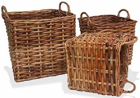 Set of 3 stylish split square cane log baskets in varying sizes for versatile home organization and decor enhancement.