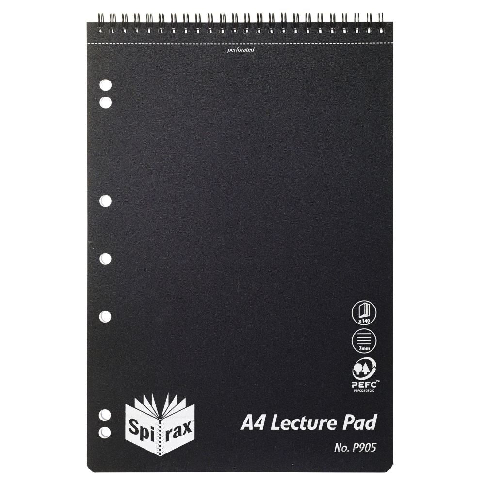 Spirax P905 lecture pad with 140 pages, black wire binding, 7mm ruled, perforated for easy removal, and elegant silver icons.