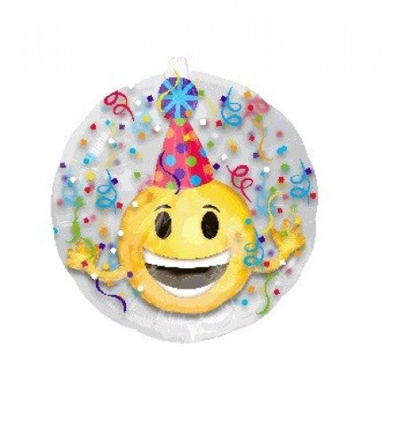 Colorful party hat with playful emoji design, perfect for celebrations and adjustable for all ages.