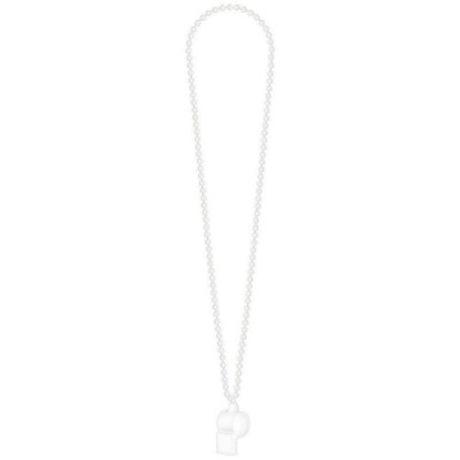 Sleek white whistle pendant on a 36-inch chain, blending contemporary style with playful charm in a unique necklace.