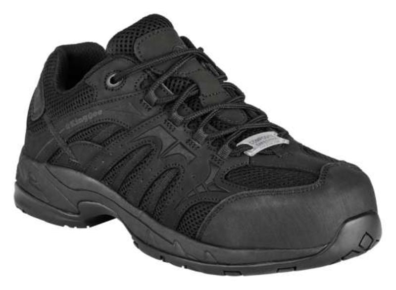 Lightweight black safety shoes for women with breathable mesh, composite toe cap, and slip-resistant rubber outsole. Size 9.