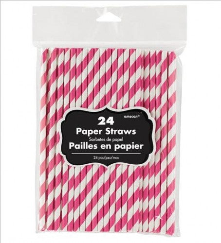 Bright pink paper straws in a pack of 24, eco-friendly and perfect for adding color to drinks at celebrations.