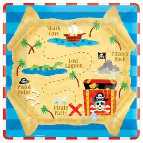 Vibrant 23CM square plates featuring pirate designs, perfect for children's parties and treasure-themed gatherings. Pack of 8.