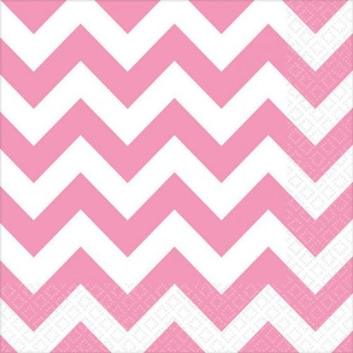 Pack of 16 New Pink Chevron Lunch Napkins, 33cm x 33cm, perfect for stylish dining and easy clean-up at any event.