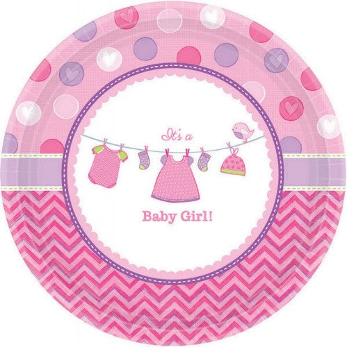 Pack of 8 'Shower With Love Girl' plates, 17CM, featuring charming love-themed designs for baby showers or birthdays.