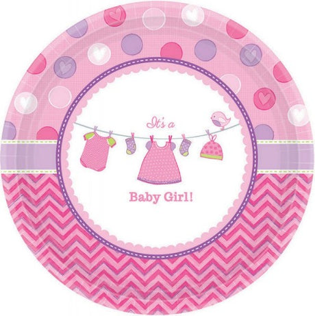 Pack of 8 'Shower With Love Girl' plates, 17CM, featuring charming love-themed designs for baby showers or birthdays.