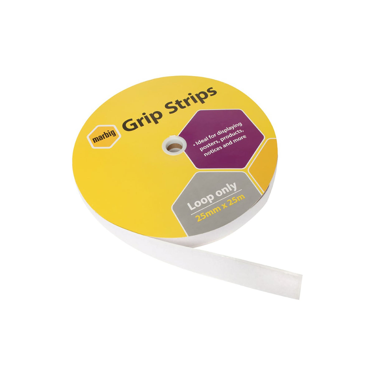 Marbig Loop Grip Strips in bulk, 25mm x 25m, versatile adhesive for mounting and organizing on various surfaces.