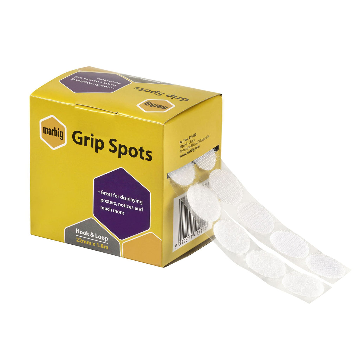 Self-adhesive 22mm x 1.8m Marbig Hook & Loop Grip Spots for versatile mounting and fastening on various surfaces.