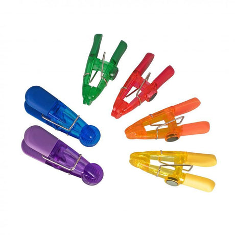 Colorful Avanti magnetic bag clips set of 6, designed to keep snacks fresh and hold notes on metallic surfaces effortlessly.