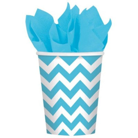 Caribbean Blue Chevron Cups, pack of 8, perfect for stylish drinks at parties, picnics, or casual gatherings.