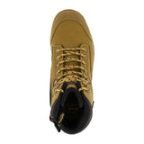Wheat safety boots with side zip, waterproof microfibre, composite toe-cap, and high-traction outsole for comfort and protection.