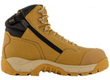 Wheat safety boots with zip side, waterproof upper, composite toe, and high traction outsole for comfort and protection at work.