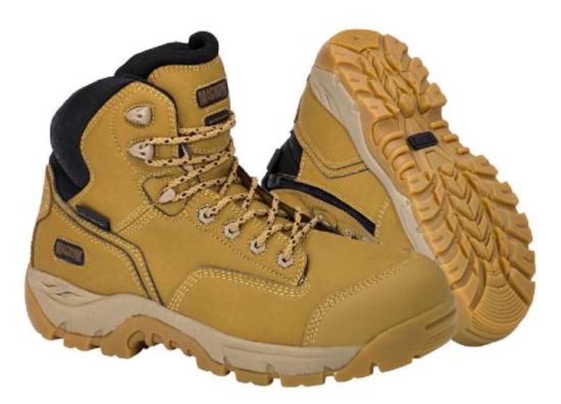 Wheat safety boots with zip sides, waterproof upper, composite toe, high grip outsole, and vegan-friendly materials, size 4.