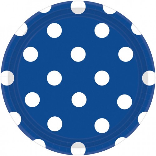 Bright royal blue round plates with a unique dot design, 23CM, pack of 8, perfect for parties and casual meals.