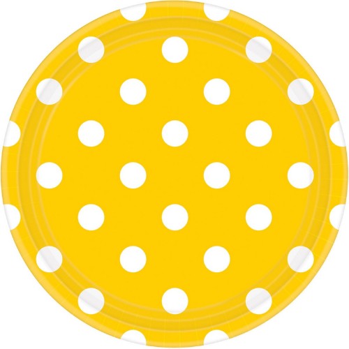 Bright yellow round plates with sunshine dots, perfect for picnics and parties, pack of 8, 17CM diameter, disposable.