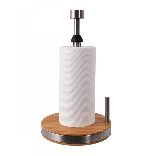 Bamboo paper towel holder with stainless steel, no-skid base for easy, one-handed tearing in a modern kitchen.