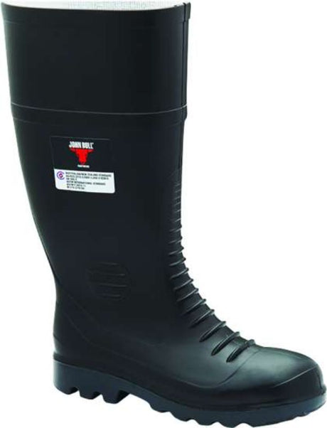 Black John Bull Stockton Safety Gumboots size 5 with oil and acid-resistant PVC sole, reinforced support, and electrical hazard certification.