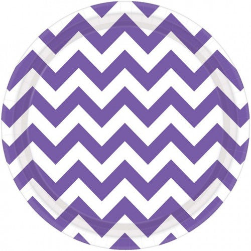 Chevron Round Plates in vibrant purple, 23CM, pack of 8, featuring a modern chevron pattern for stylish dining.