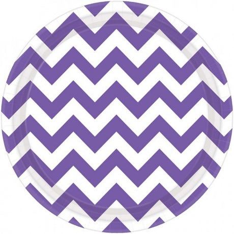 Chevron Round Plates in vibrant purple, 23CM, pack of 8, featuring a modern chevron pattern for stylish dining.