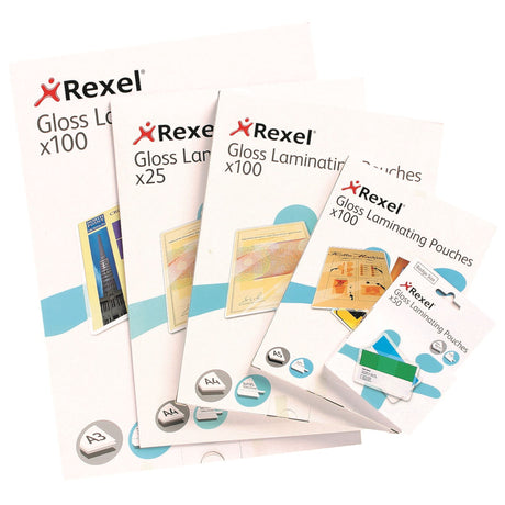 Rexel A4 laminating pouches, pack of 25, offering crystal-clear protection for photos and documents with a glossy finish.