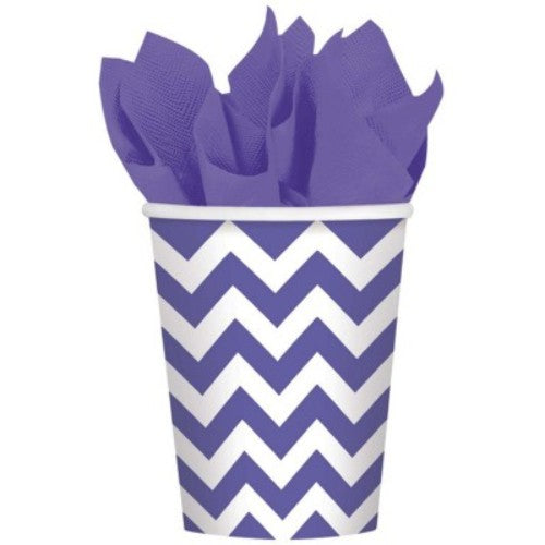 Vibrant purple Chevron Cups, pack of 8; perfect for serving drinks at parties and gatherings, stylish and eco-friendly.