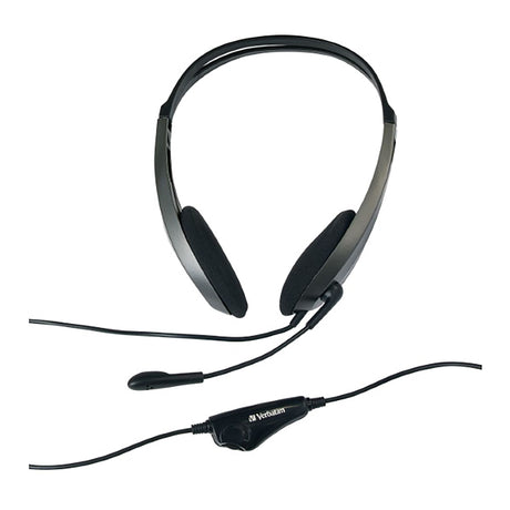 Verbatim Headset with adjustable mic, dual 3.5mm jacks, soft ear cushions, and in-line volume control for clear audio.