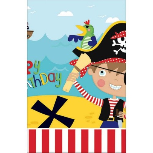 Vibrant Little Pirate plastic table cover, 54" x 96", perfect for kids' pirate-themed parties and easy clean-up.