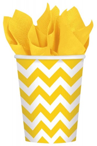 Bright yellow chevron paper cups, 266ml, pack of 8, perfect for parties and celebrations.