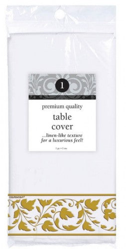 Premium white paper tablecover with gold trim, measuring 54" x 102", ideal for elegant events and easy cleanup.