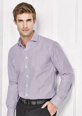 Calais Men's Long Sleeve Shirt in Purple Reign, XL, featuring fine stripe trim and chevron cuffs for formal and casual wear.