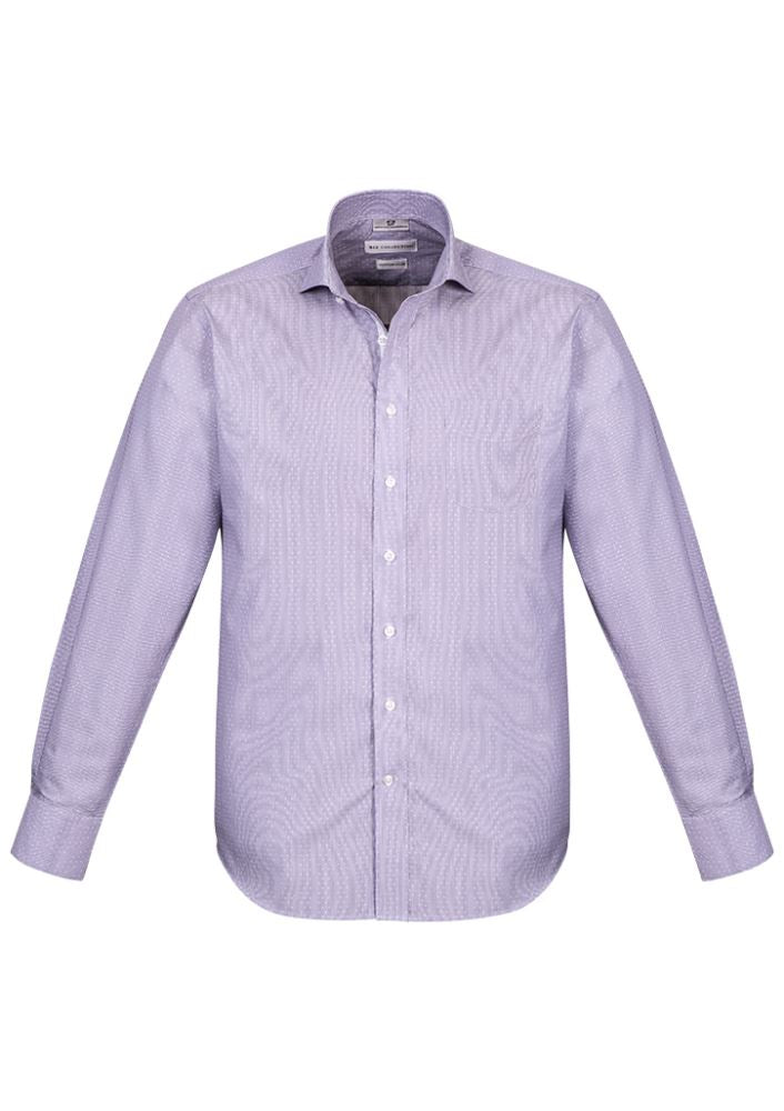 Executive-fit long sleeve purple shirt with fine stripe design, made from a cotton-polyester blend for comfort.