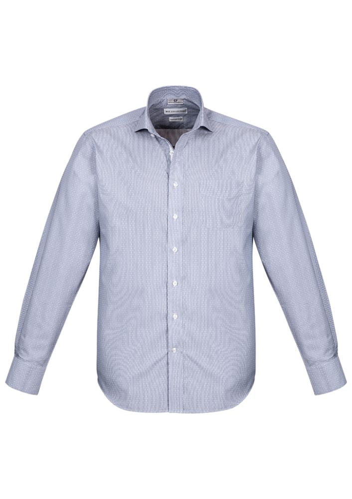 Men's long sleeve shirt in Turkish Blue, 2XL, featuring breathable cotton-poly blend, fine stripe trim, and sophisticated design.