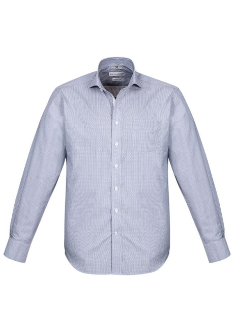 Calais Men's Long Sleeve Shirt in Turkish Blue, featuring executive fit, fine stripe design, and durable cotton blend fabric.