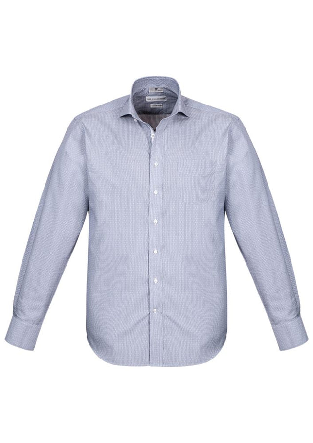 Turkish Blue Calais Men's Long Sleeve Shirt, medium size, featuring fine stripes and executive-fit for style and comfort.