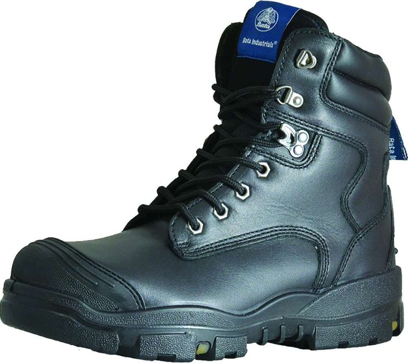 Black Bata Helix Longreach Lace-Up Safety Boots (Size 12) offering comfort, shock absorption, and slip resistance for all-day wear.