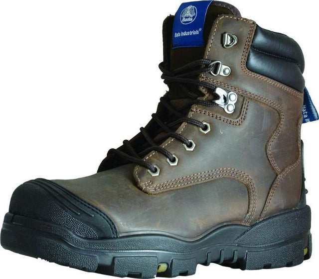 Bata Helix Longreach Lace Up Safety Boots in brown, size 7, featuring D30® impact tech, slip-resistant sole, and lightweight design.