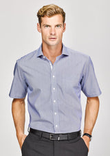 Turkish Blue short sleeve men's shirt with executive fit, fine stripe trim, made from a breathable cotton-poly blend.