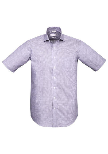Purple Reign Calais Men's Short Sleeve Shirt in 4XL, featuring fine stripe trim and an executive-fit design for stylish comfort.