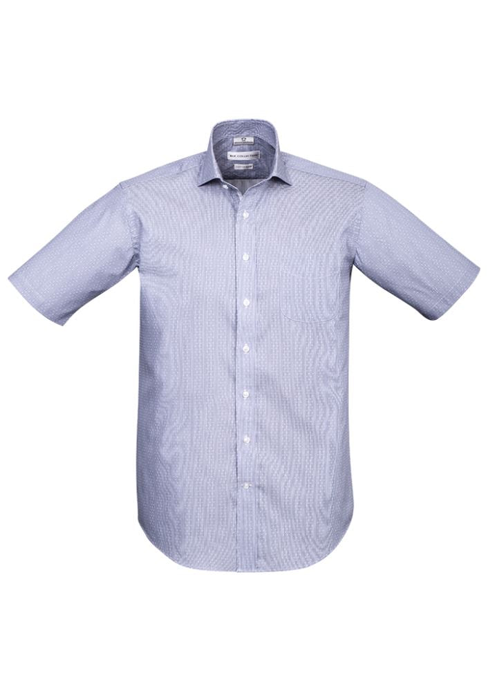 Turkish Blue executive-fit short sleeve shirt for men, featuring a cotton-polyester blend and sophisticated trim details.